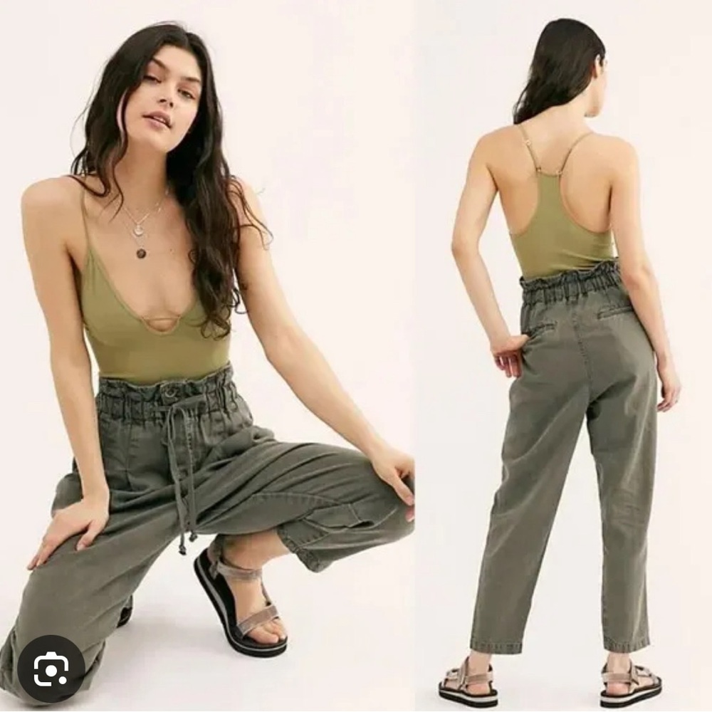 Free People Womens S Olive Green Paper Bag Waist Margate Pleated Trouser